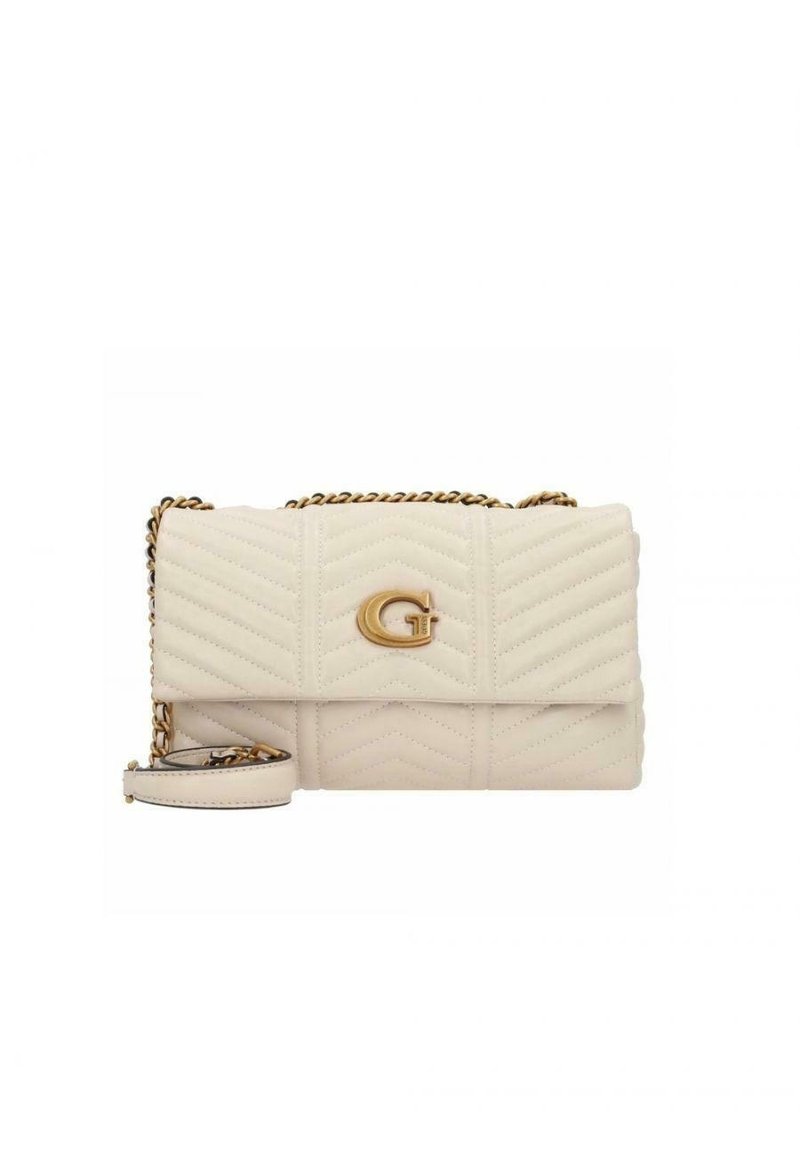 Prošívaná krémová kabelka se zlatým logem na klopě, s řetízkovým popruhem a odnímatelným ramenním popruhem. Má obdélníkový tvar. Texturovaná kůže.