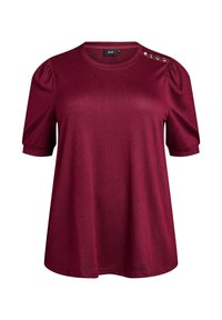 Bordeauxfarbene T-Shirt mit kurzen Ärmeln und strukturiertem Finish, mit Puffärmeln und dekorativen Metallknöpfen an der linken Schulter.