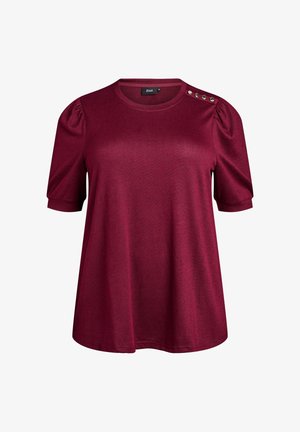 Bordeaux t-shirt met korte mouwen en een textuurafwerking, met pofmouwen en decoratieve metalen knopen op de linkerschouder.