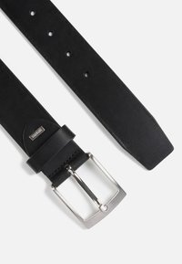 Black leather belt with a smooth texture, silver metal buckle, and five holes for adjustable sizing. Ends are cut straight.