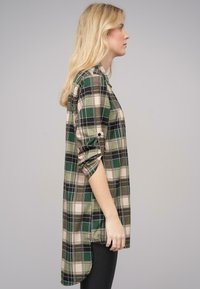 Camicia a quadratini verde e beige con un silhouette lunga, maniche arrotolate e orlo curvo, realizzata in un tessuto leggero e dalla superficie liscia.