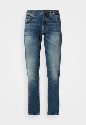Herrens blå denimjeans med rak passform, blekt tvätt, slitna detaljer, femficksdesign och metallknappstängning.