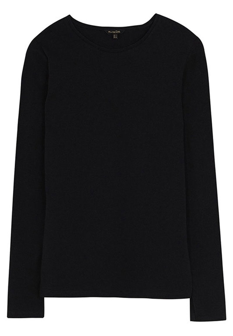 Black long-sleeve t-shirt made of soft fabric with a round neckline and straight hem, featuring minimal stitching and no visible logos.