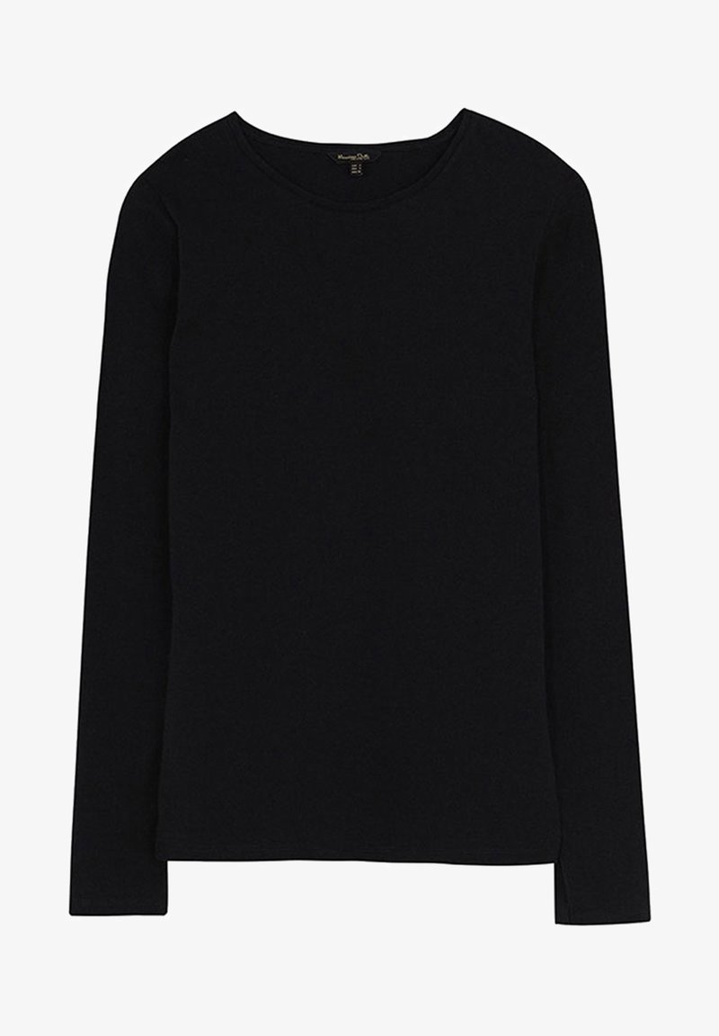Black long-sleeve t-shirt made of soft fabric with a round neckline and straight hem, featuring minimal stitching and no visible logos.