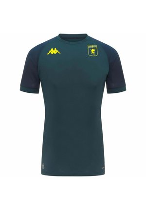Maillot de sport vert foncé à manches courtes avec des manches bleu marine, logo Kappa jaune sur la poitrine droite et blason jaune du club de football de Gênes sur la poitrine gauche.