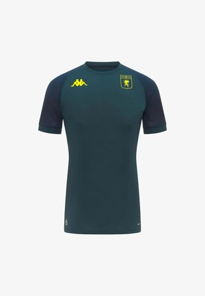 Maillot de sport vert foncé à manches courtes avec des manches bleu marine, logo Kappa jaune sur la poitrine droite et blason jaune du club de football de Gênes sur la poitrine gauche.