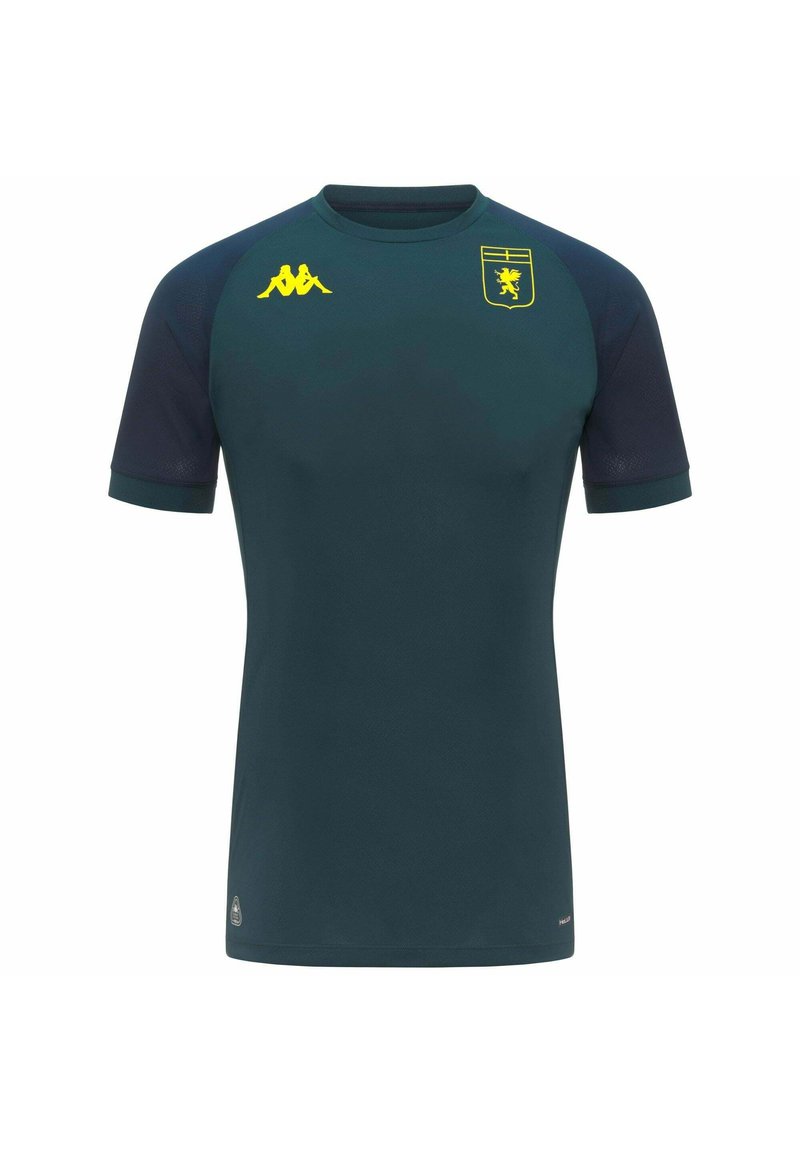 Maillot de sport vert foncé à manches courtes avec des manches bleu marine, logo Kappa jaune sur la poitrine droite et blason jaune du club de football de Gênes sur la poitrine gauche.