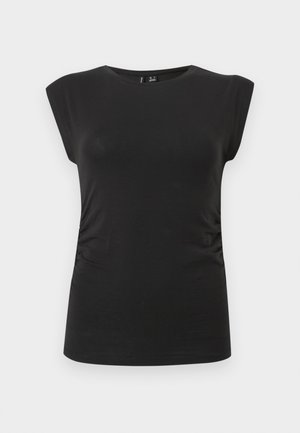 Musta hihaton vartalonmyötäinen toppi, jossa pyöreä kaula-aukko ja lievä keräys sivuilla, esitetty yksiväristä vaaleaa taustaa vasten.