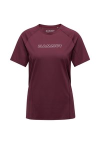 Kortärmad t-shirt i vinröd färg, tillverkad av lättviktsmaterial med rund hals, som har en framträdande "MAMMUT" logotyp tryckt på framsidan.