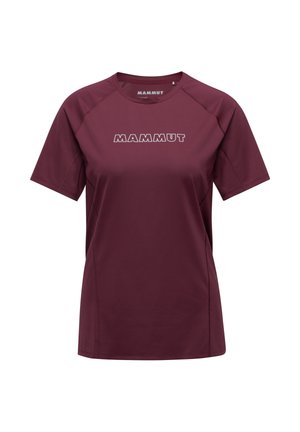 Kortärmad t-shirt i vinröd färg, tillverkad av lättviktsmaterial med rund hals, som har en framträdande "MAMMUT" logotyp tryckt på framsidan.