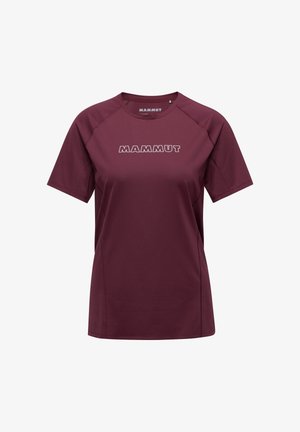 Bordeauxrotes T-Shirt mit kurzen Ärmeln, aus leichtem Stoff und rundem Halsausschnitt, ausgestattet mit einem auffälligen "MAMMUT"-Logo auf der Vorderseite.