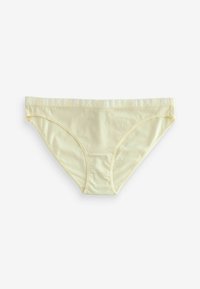 Gele katoenen bikini-slipjes met een zachte elastische tailleband met "NEXT" in het wit gedrukt. Eenvoudig ontwerp en gladde textuur.