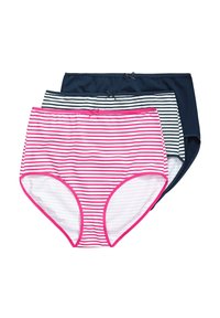 Tre paia di biancheria intima femminile: una a righe rosa e bianche, una blu navy e una a righe nere e bianche. Ognuna ha un semplice dettaglio a fiocco.