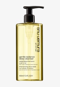 Bouteille en plastique transparent jaune avec un bouchon-pompe noir. L'étiquette présente le nom du produit en texte noir. Capacité : 400 ml / 13,4 fl oz.