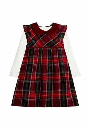 Rot- und grünkariertes Kleid mit einem burgunderfarbenen Kragen und kurzen Ärmeln, kombiniert mit einem weißen Langarmshirt darunter.