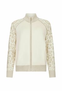 Veste crème zippée avec col, poignets et ourlet côtelés beiges, ornée d'un subtil imprimé léopard beige sur les manches.
