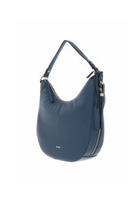 Sac à épaule en cuir bleu avec une forme incurvée, accents en métal doré et un détail de poche zippée. Texture lisse avec un léger éclat.