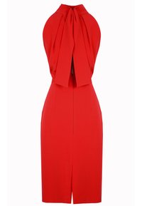 Czerwona sukienka bez rękawów z wysokim kołnierzem i dużą kokardą z tyłu. Posiada dopasowaną sylwetkę i rozcięcie z tyłu dla dodatkowego efektu.
