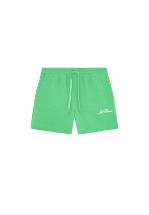Shorts verts texturés en textile avec taille élastique, cordon, poches latérales et logo blanc « Les Deux » sur la jambe avant droite.