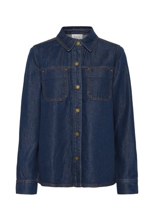 Dark blue denim button-up shirt with long sleeves, collar, two chest pockets, and brown contrast stitching.