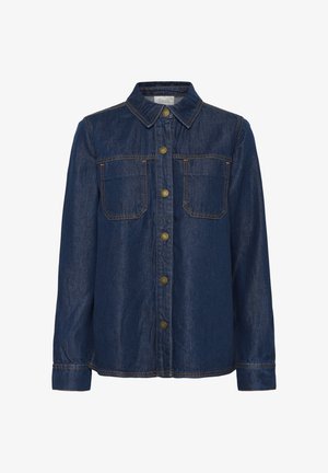 Dark blue denim button-up shirt with long sleeves, collar, two chest pockets, and brown contrast stitching.