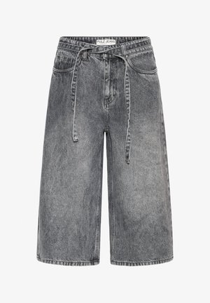 Tailleshort van zwart gewassen denim met een losse pasvorm, voorzakken, riemlussen en een bijpassende stoffen riem gestrikt in de taille.