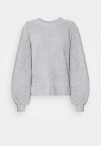 Ljust grått stickat tröja med ribbad textur, med rund halsringning och puffiga långa ärmar. Avkortad design med åtsittande manschetter.