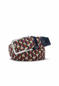 Geflochtener Gürtel in Beige, Marineblau, Burgundy und Grün; verfügt über eine silberne Metallschnalle und Lederakzente an der Spitze und im Schnallenbereich.