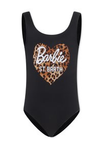 Costume intero nero con design a forma di cuore con stampa leopardata, che presenta "Barbie" e "ST. BARTH" in testo bianco. Tessuto liscio e elastico.