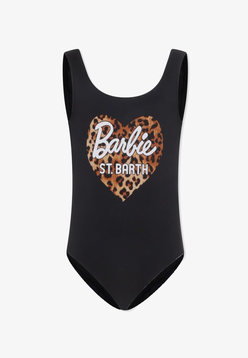 Zwart een-delig badpak met een panterprint hartontwerp waarin "Barbie" en "ST. BARTH" in witte tekst zijn verwerkt. Zacht, rekbaar materiaal.