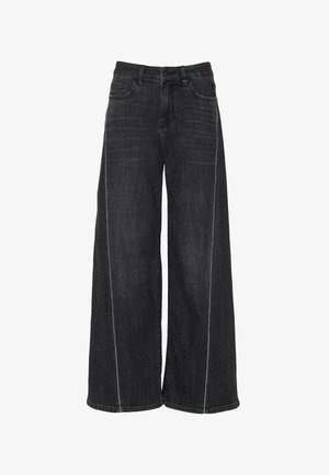 Zwarte denim jeans met wijde pijpen en hoge taille, voorzien van contrasterende stiksels, voorkruiszakken en een soepele textuur.