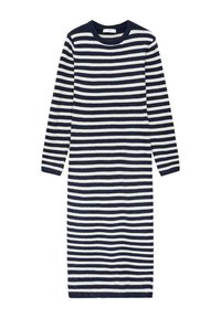 Abito a maniche lunghe a righe blu navy e bianche, realizzato in morbido tessuto a maglia, con scollatura a girocollo e silhouette dritta.