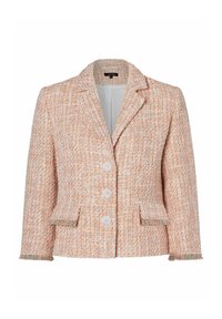 Lehce texturované, na míru šité sako z broskvového a krémového tvídu, s klopovým límcem, třemi knoflíky a třásňovými detaily na rukávech.