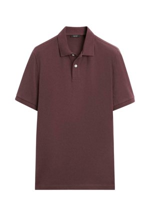 Bordowa polo z krótkim rękawem, kołnierzykiem i dwoma białymi guzikami na listwie, prezentowana na białym tle.