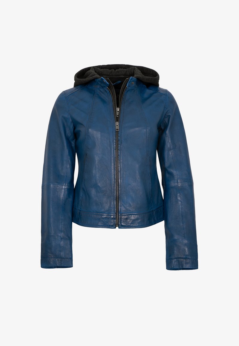 Blue leather jacket with a detachable black hoodie, zippered front, long sleeves, and seam detailing. Smooth texture with a fitted design.