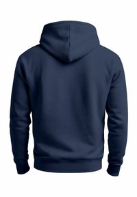 Navy blue hoodie with a drawstring hood, ribbed cuffs, and hem. Smooth fabric texture with no visible patterns or logos. Back view.