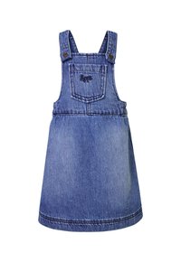 Denim-Latzkleid in Hellblau. Verfügt über verstellbare Träger, eine Brusttasche und eine geraffte Taille für eine lockere Passform.