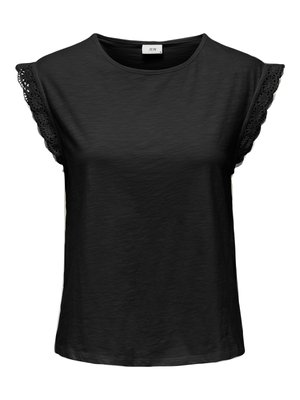 Μαύρο μπλουζάκι με κοντά μανίκια, στρογγυλή λαιμόκοψη και διακοσμητική δαντέλα στα μανίκια, με λεπτή υφή και ετικέτα της μάρκας JDY στο εσωτερικό του γιακά.