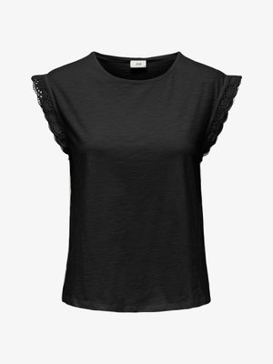 Zwarte blouse met korte mouwen, ronde halslijn en kanten rand aan de mouwen, met een subtiele textuur en een JDY merklabel aan de binnenkant van de kraag.