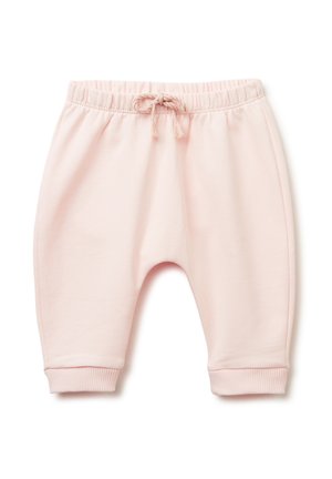 Pantalon bébé rose clair avec taille élastique et cordon noué, poignets côtelés et coupe décontractée pour le confort.