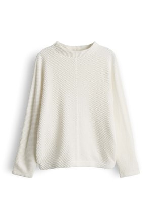 Weißer Pullover mit strukturiertem Rippenmuster, Rundhalsausschnitt und überschnittenen Schultern. Lange Ärmel und lockere Passform.