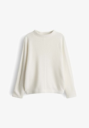 Pull blanc avec un motif côtelé texturé, col rond et épaules tombantes. Manches longues et coupe décontractée.