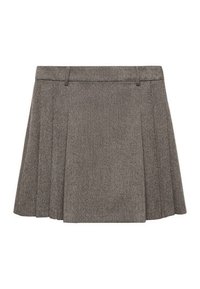 Szara plisowana spódnica z teksturowanej tkaniny, z dopasowaną talią i subtelnym wzorem, zaprojektowana w sposób strukturalny.