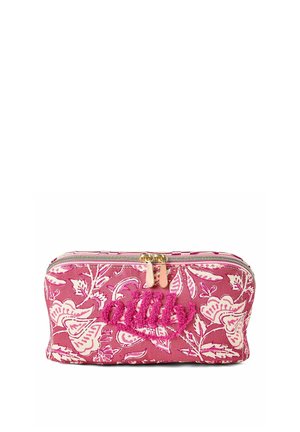 Pochette en tissu à fleurs roses avec double fermeture éclair dorée et broderie rose floue « girly » sur le devant.