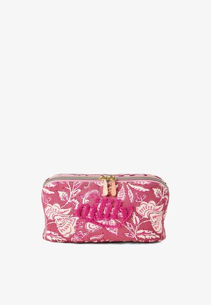 Pochette en tissu à fleurs roses avec double fermeture éclair dorée et broderie rose floue « girly » sur le devant.