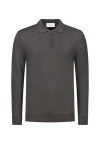 Donkergrijze langzamige polo met lange mouwen, gemaakt van zachte stof. Het heeft een kraag en een kwart rits, met ribgebreide manchetten en onderrand.