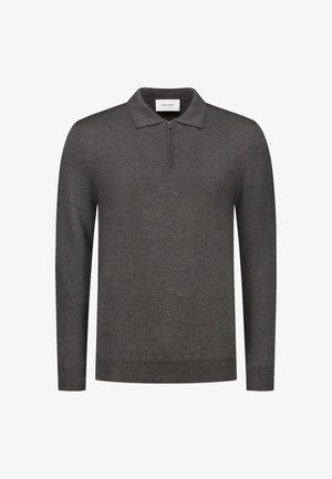 Donkergrijze langzamige polo met lange mouwen, gemaakt van zachte stof. Het heeft een kraag en een kwart rits, met ribgebreide manchetten en onderrand.