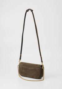 Suede shoulder bag in dark olive green with a black leather strap and gold chain accent. Rectangular shape, smooth texture, minimal stitching detail.