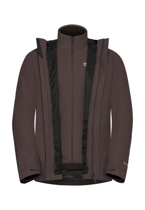 Veste isolée marron avec des accents noirs, col haut, fermeture éclair intégrale et poignets élastiques. Elle possède une couche externe imperméable et une doublure en mesh.
