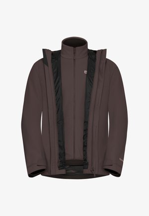 Braune isolierte Jacke mit schwarzen Akzenten, hohem Kragen, durchgehendem Reißverschluss und elastischen Bündchen. Verfügt über eine wasserdichte Außenschicht und ein Netzfutter.